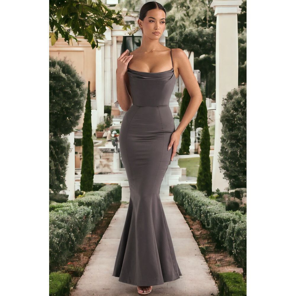 House of CB Violette satin maxi dress‎ mermaid fishtail hem in Shadow size S